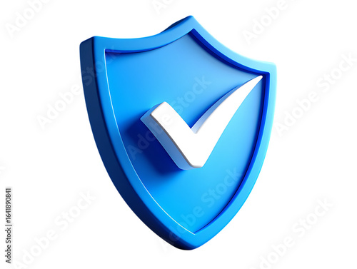 Vibrant blue 3D shield with a white checkmark symbolizing security, protection, and verification.
