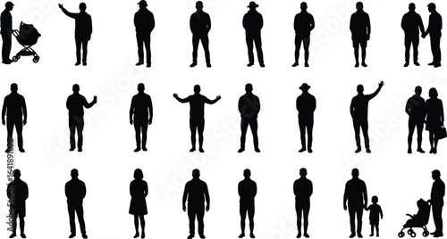 Silhouettes of people in various poses, human interaction, walking, standing, pushing stroller, black vector, white background, lifestyle activity