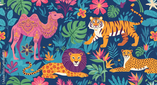 A stylized jungle seamless pattern with tigers, lions, a camel, and cheetahs hidden among lush tropical foliage and flowers on a dark blue background