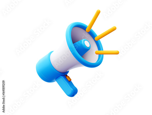 Glossy 3D Blue and White Megaphone Icon with Radiating Yellow Sound Waves