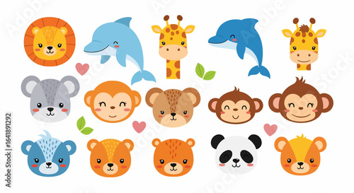 A collection of cute cartoon animal faces including a lion, dolphin, giraffe, bear, fox, monkey, panda, raccoon, and squirrel with hearts and leaves