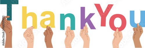 Thank you message, colorful letters, diverse hands, inclusive design, gratitude concept, multicultural unity, appreciation, teamwork, positivity, celebration