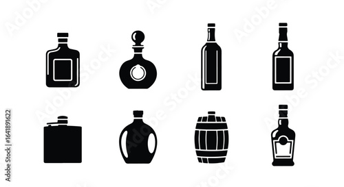 Alcohol Bottle and Barrel Icon Set � Black and White Beverage Vector Collection