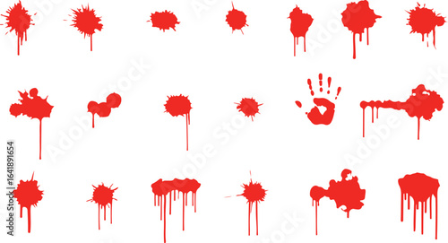 Red Blood Splatter Collection Dripping, Splashed, Handprint, Horror, Graphic Design Elements.
