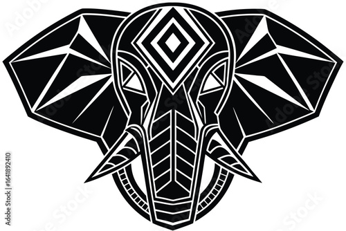 Geometric Elephant Head, Detailed Design, Triangle Pattern, Black and White, Isolated