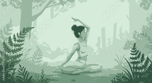 Serene woman in a seated yoga pose, finding tranquility and balance in a lush green forest clearing. Mindful meditation illustration.