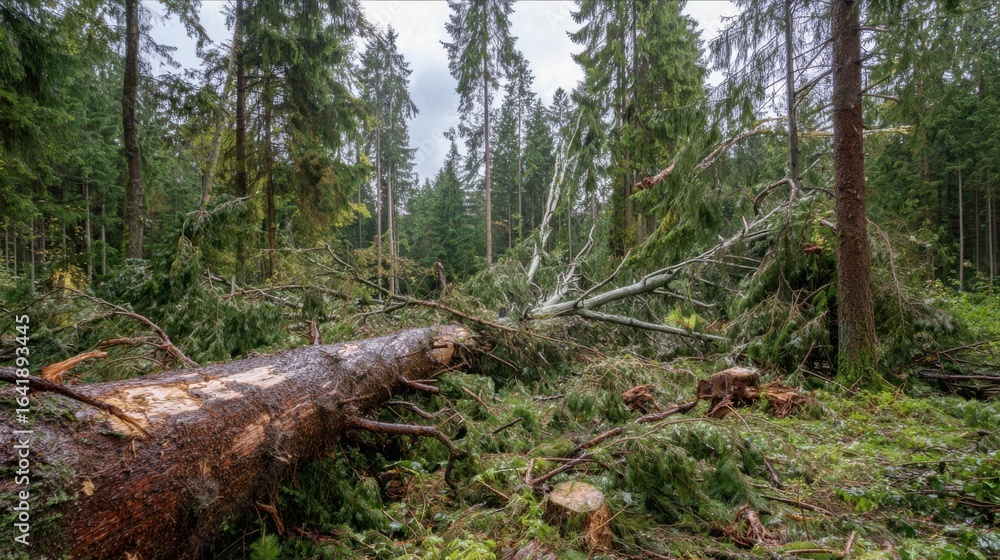 Fototapeta premium A dense forest reveals significant damage from a recent storm, with several fallen trees and scattered branches creating a chaotic landscape. The sky is overcast, hinting at continued rain.