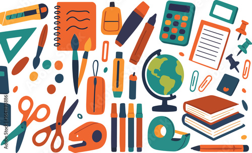 Charming hand drawn school supplies and educational elements set perfect for stickers and back to school decorations for children
