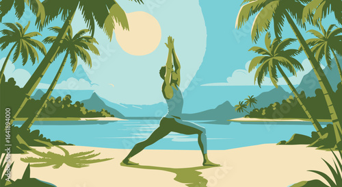 Tranquil Beach Yoga A Serene Illustration of Warrior Pose Amidst Palm Trees and Coastal Beauty