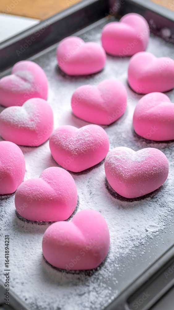 Pink heart-shaped desserts on a baking sheet Pink heart-shaped desserts on a baking sheet