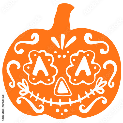 Orange pumpkin with a carved design in the style of Mexico's Day of the Dead