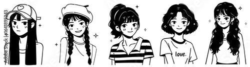 Cute Korean anime-style girls —  five smiling female characters in different outfits and hairstyles, inspired by K-pop fashion and webtoon aesthetics