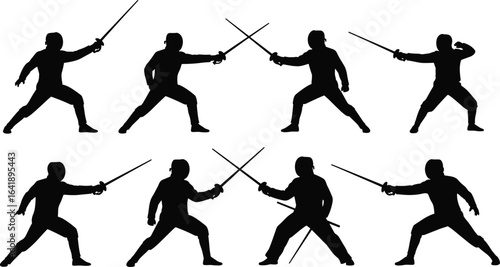 Fencing athletes silhouette collection, sword fighting poses, sports combat illustration, fencers training, duel action vector, martial arts clipart, black design set