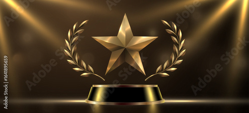 Award luxury round podium with golden star and laurel wreath. Golden symbol of victory, achievement, success, rewarding of winner. Vector illustration