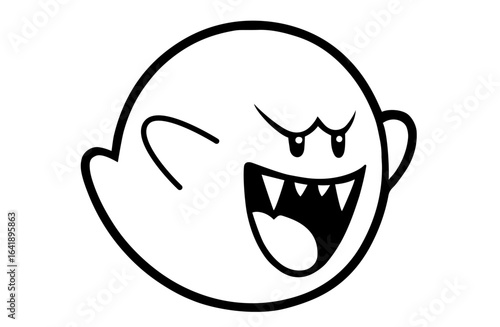 Ghost Character with Fangs – Playful Spooky, Halloween, Video Game Enemy, Retro Gaming Aesthetic, and Mischievous Fantasy Ghost in Comic or Digital Pop Culture