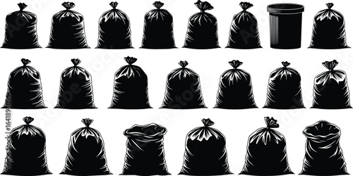 Garbage bag set, trash sack collection, waste bag silhouette, black plastic rubbish bags, refuse bag icon, vector trash can illustration