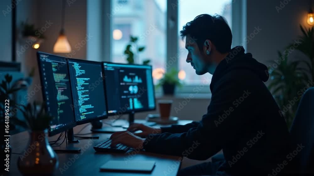 Deticated Programer Dedicated programmer coding late into the night with a dual monitor ...