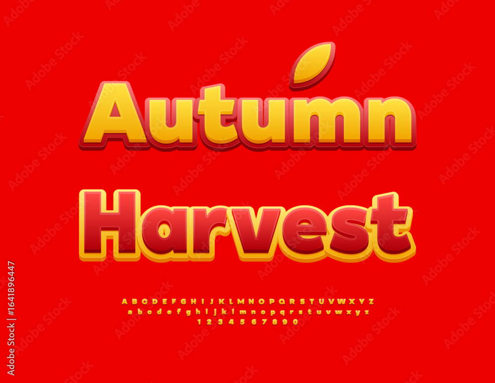 Vector Seasonal logo Autumn Harvest. Classic Yellow and Red Font. Bright Digital Alphabet Letters and Numbers set Vector Seasonal logo Autumn Harvest. Classic Yellow and Red Font. Bright Digital Alphabet Letters and Numbers set