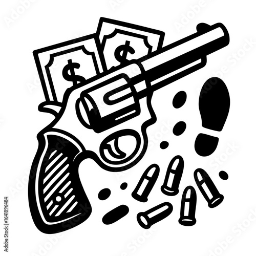 Gun, Bullets, Cash and Footprint. Crime Scene Composition, Armed Robbery, Criminal Investigation, Underworld Violence, Forensic Evidence in Gangster, Crime Motive