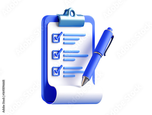 Organized blue 3D clipboard icon with a completed checklist and pen, symbolizing task management and planning.