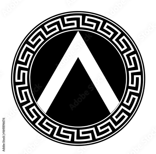 Ancient Spartan Lambda in Circle with Greek Meander Pattern – Emblem of Lacedaemon Warriors, Classical Greek Heritage, Discipline, Military Honor. Hellenic History, Museum Exhibits, Cultural Education