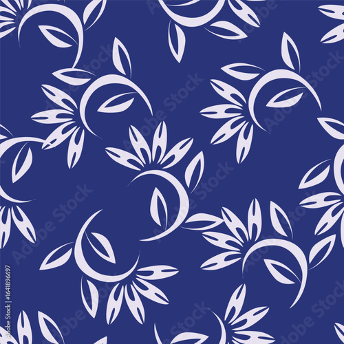 Modern and bold vector seamless pattern with large scale pink flowers on dark blue background. Hand-drawn in doodle style. Textile, background, packaging.
