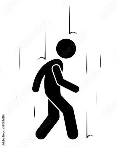 Silhouette of person walking in rain with slouched posture, sadness, loneliness, depression, emotional fatigue, psychological stress, isolation, introspection, melancholic mood
