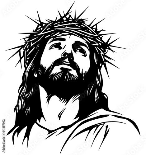 Jesus Christ wearing a crown of thorns, looking upward with a serene, spiritual expression, faith, sacrifice, divinity, Christian devotion, passion of Chris
