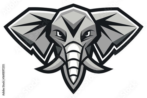 Sharp geometric elephant head stares intensely with patterned features, powerful and captivating
