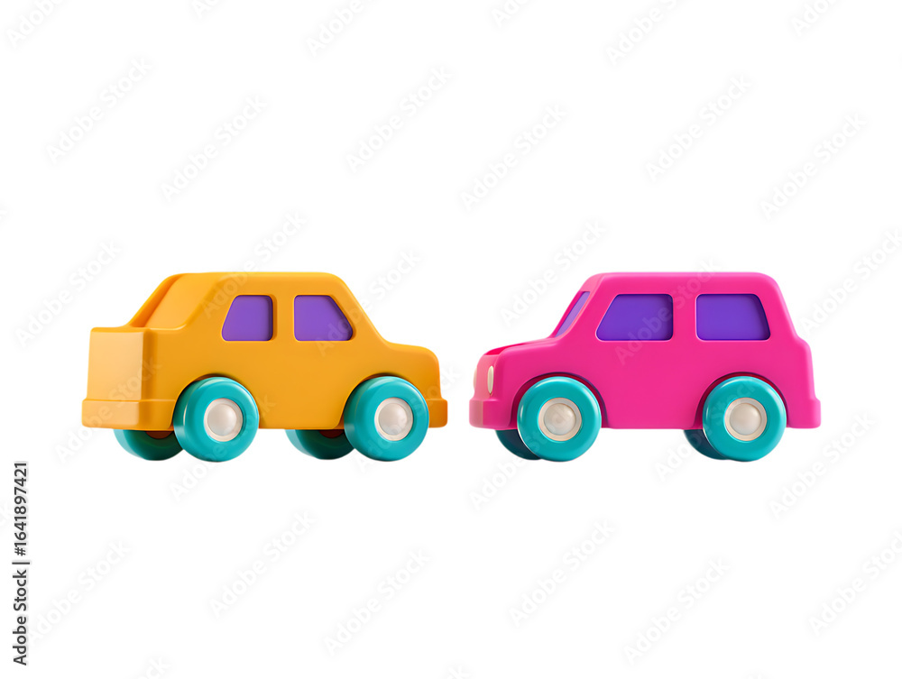 Fototapeta premium Two Colorful 3D Toy Cars in Orange and Pink with Turquoise Wheels on Black