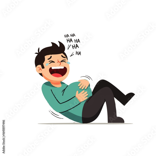A cartoon illustration of a man laughing hysterically while holding his belly, tears visible.
