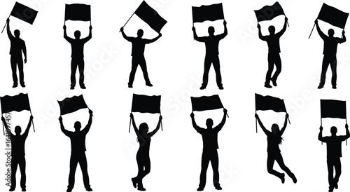 Silhouette people holding flags, waving banners, cheering crowd illustration, protest demonstration vector, supporter rally clipart, patriotic celebration, black silhouette design set