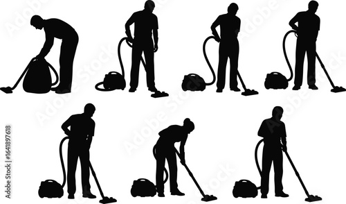 Vacuum cleaner worker silhouettes collection, people cleaning floor, janitor using vacuum, house cleaning poses, vector illustration, black clipart design set
