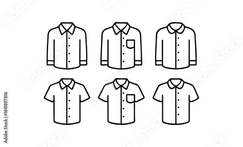 Set of outline icons of various shirt styles with collars and pockets