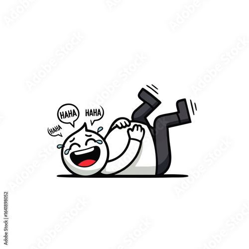 Cartoon character lying on the ground, laughing hysterically with tears and "HAHA" speech bubbles.