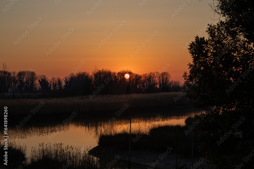 Obraz premium panoramica del sole che tramonta dietro alle sagome di alti alberi spogli e colora il cielo e le acque di una palude fluviale di arancione