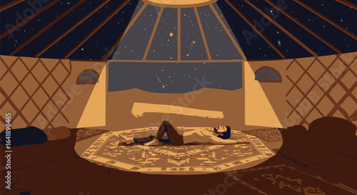 Celestial contemplation inside a warm yurt, a peaceful escape for stargazing and mindfulness under the desert sky.