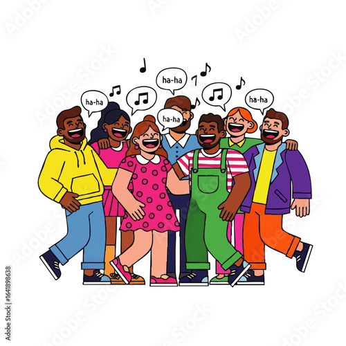 Group of diverse people laughing and singing together, with speech bubbles containing "ha-ha" and musical notes floating above their heads.