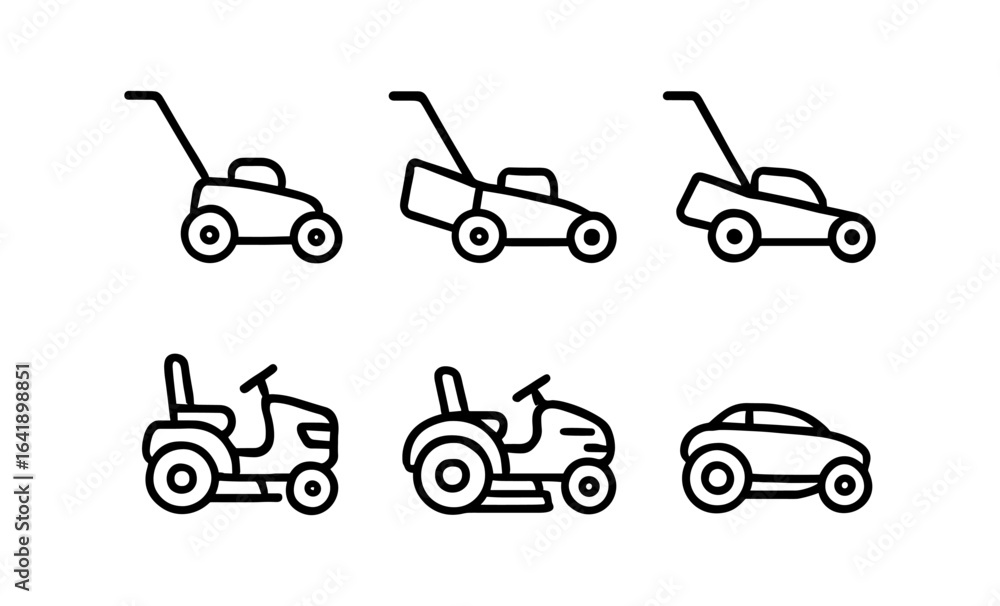 Naklejka premium Lawn mower and vehicle line drawings: icon set for gardening and transport themes