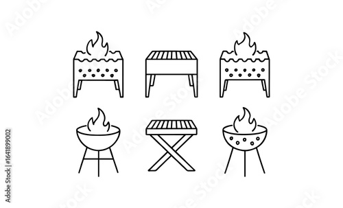 Minimalist bbq grill icons set featuring line art designs of fire pits and barbecues