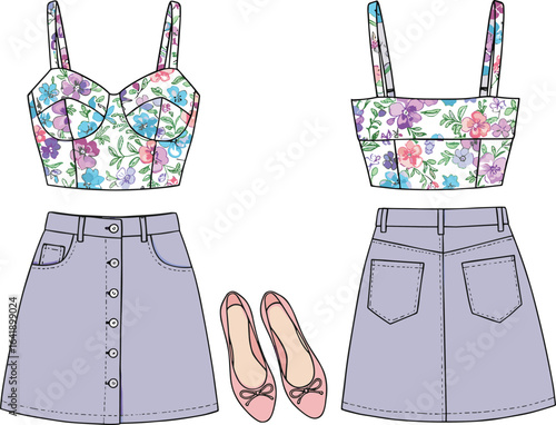 Floral crop top, button-up skirt, pink ballet flats front and back view, fashion flat sketch, clothing vector, cad drawing illustration