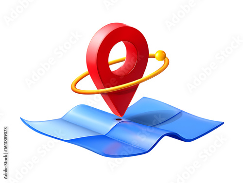 Shiny red 3D map pin icon with golden ring orbiting a blue stylized map for location and navigation