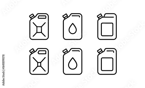 Outline icons of various jerry cans in minimalist style for fuel and liquid storage