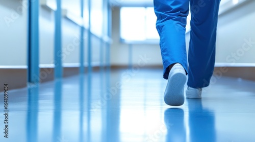 A healthcare worker walking down a hospital corridor in scrubs.