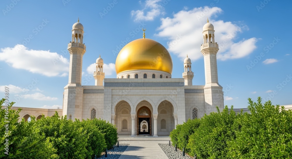 Obraz premium Magnificent Mosque Architecture Featuring a Golden Dome, Minarets, Arches, and Lush Greenery Under a Clear Blue Sky