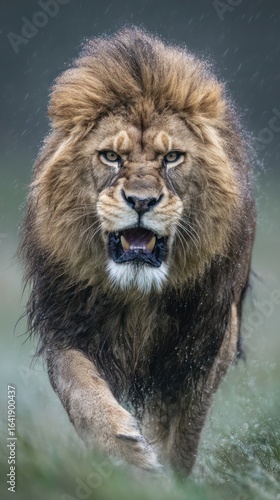 A majestic male big cat charges forward, mouth open, in the rain, facing camera