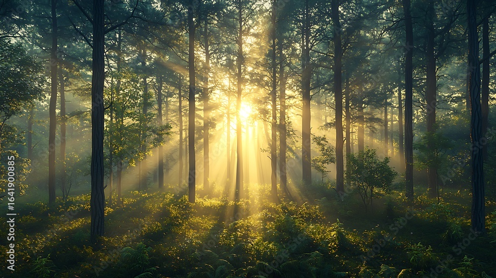 Naklejka premium A tranquil forest at dawn, soft mist rising from the ground, sunlight filtering through tall trees.