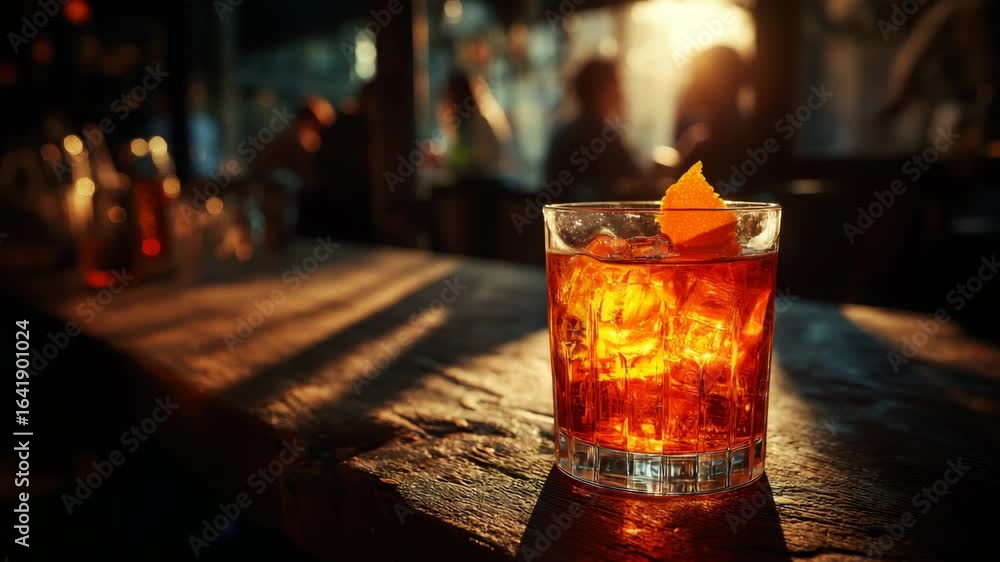 custom made wallpaper toronto digitalGlass of negroni cocktail with ice and orange peel garnish on rustic wooden bar counter, warm sunlight, cozy bar atmosphere, evening drink
