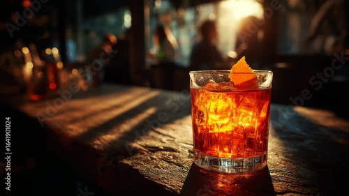 Wallpaper Mural Glass of negroni cocktail with ice and orange peel garnish on rustic wooden bar counter, warm sunlight, cozy bar atmosphere, evening drink Torontodigital.ca