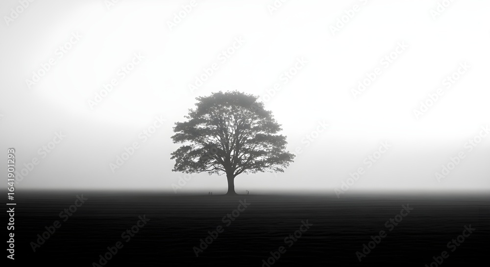Obraz premium A solitary tree stands in a misty field during a foggy morning, a minimalist black and white landscape.